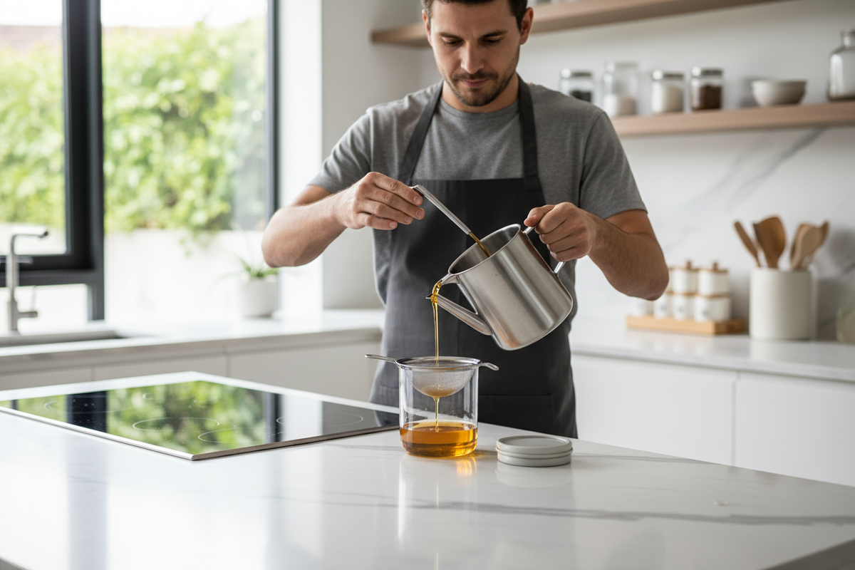 Man using oil filter pot in kitchen