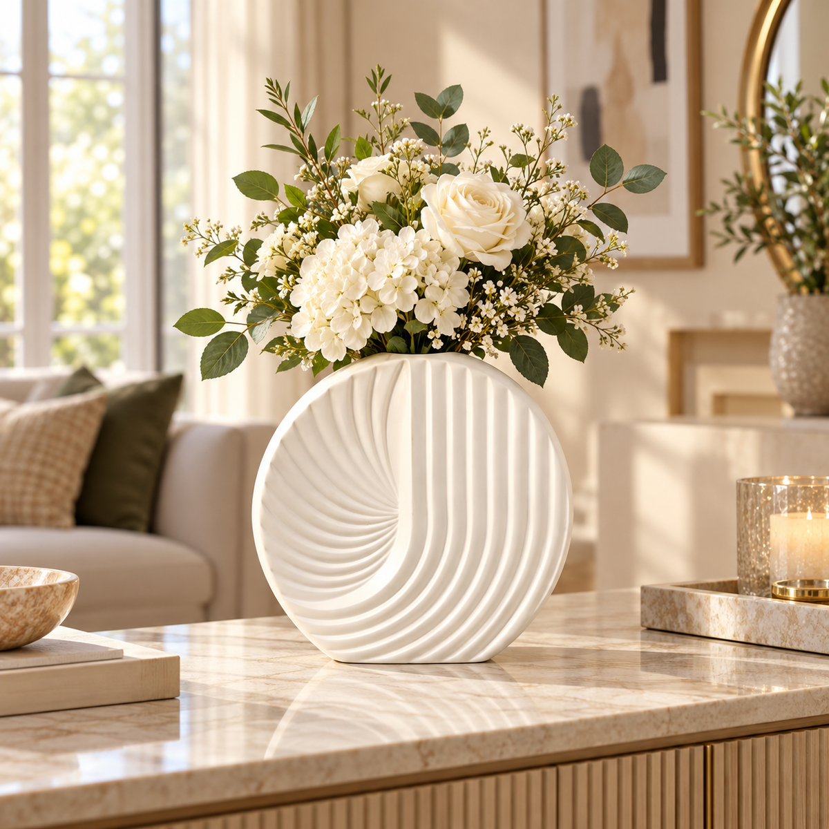 Round White Fan-Ribbed Ceramic Vase